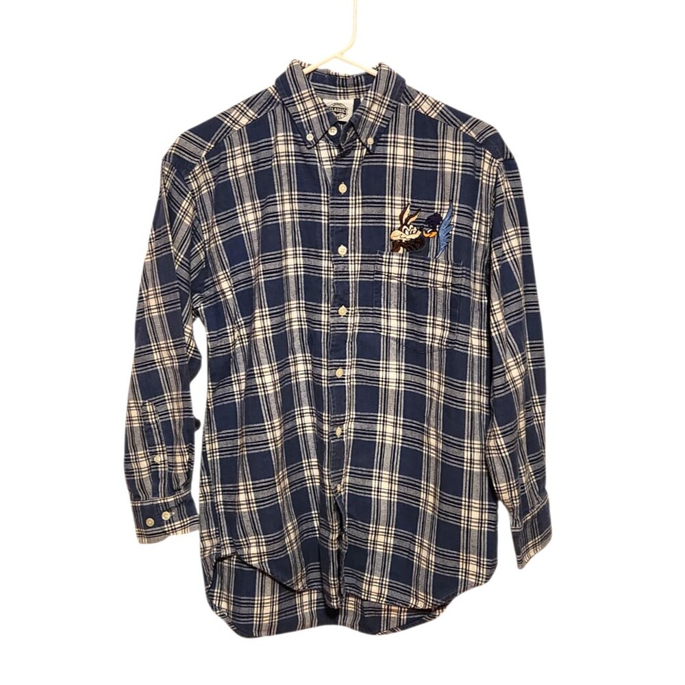 Looney Tunes Flannel Shirt Embroidered Coyote Road Runner Blue Plaid Size Small